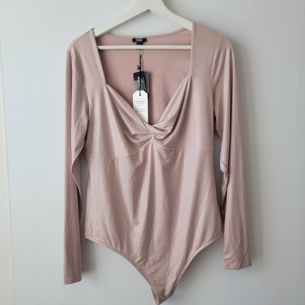 Express Blush Pink Twist-Front Long Sleeve Bodysuit size L Metallic Body Contour